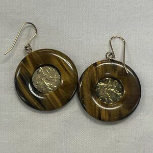 Vtg 14k Gold Earrings Repubblica Italiana Lire Coin Tiger Eye Halo Dangle Italy